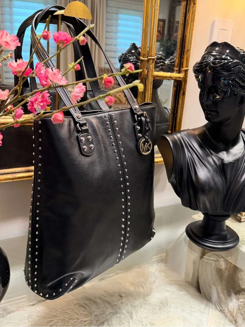 Michael Kors Black Leather Studded Chic Top Handle Tote NWOT